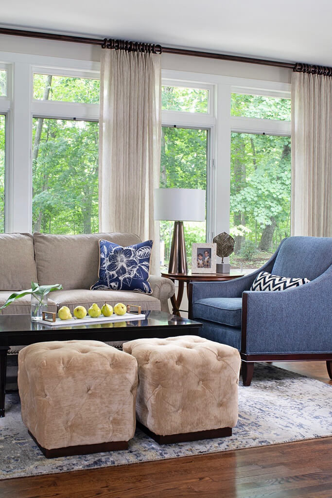 Bright living room with blue chairs