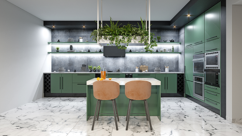Contemporary kitchen with green cabinetry, marble flooring, and indoor greenery — bold color and biophilic design trend.